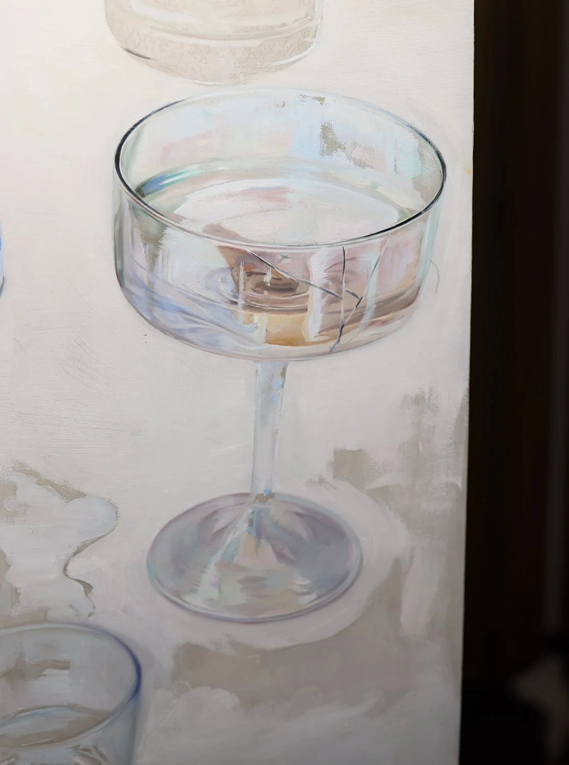 Within Normal Parameters, painting by Tereza Barnard showing first brushstrokes on a shiny glass with cracked glass painting painting, first brushstrokes, from You Shouldn't Have series by Tereza Barnard