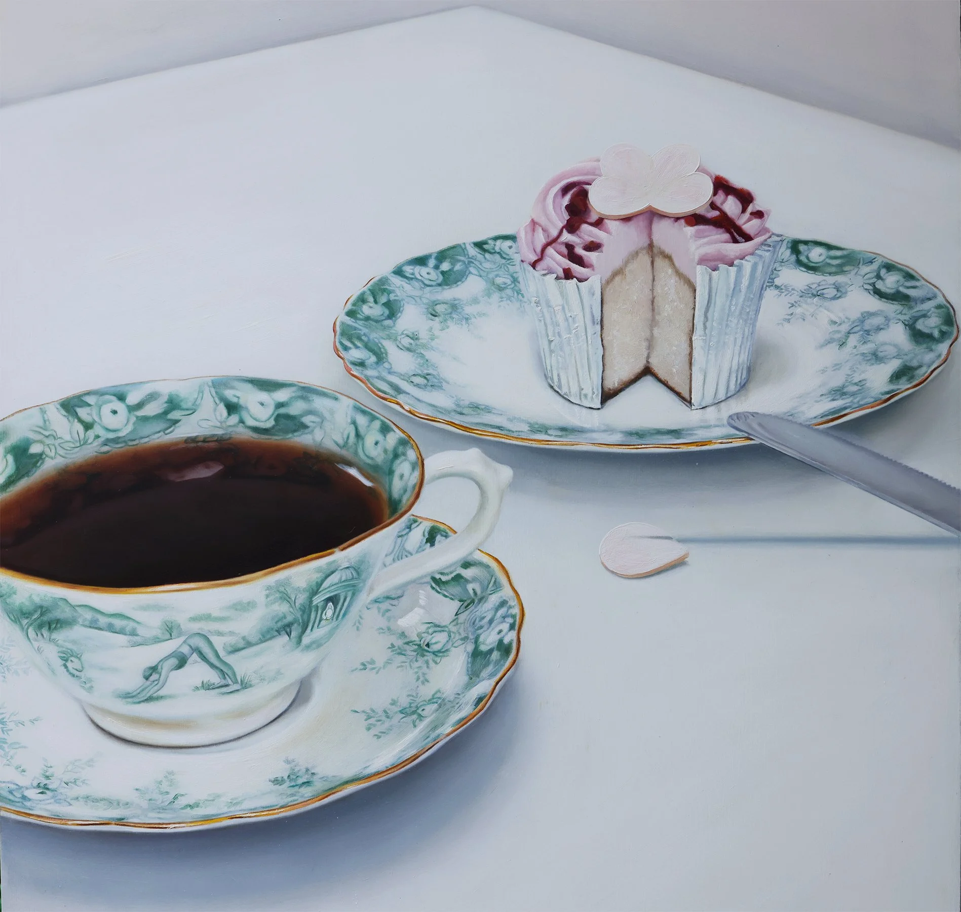 Knife Skills, oil painting by Tereza Barnard, cupcake with a knife, loose petal, knife shadow