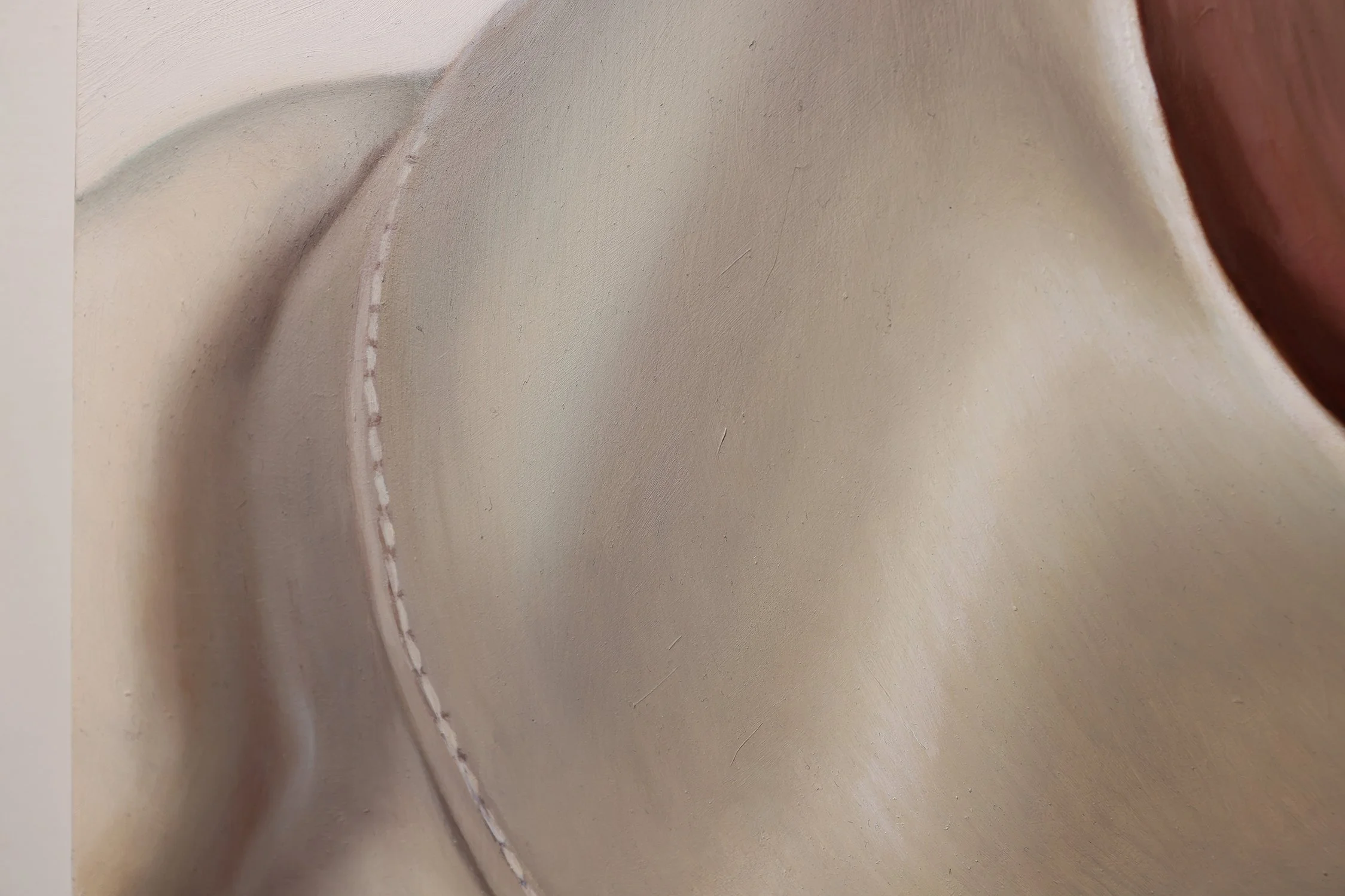 On The House, painting by Tereza Barnard showing detail of a shiny fabric sleeve, satin sleeve, shiny fabric oil painting, process footage from You Shouldn't Have series