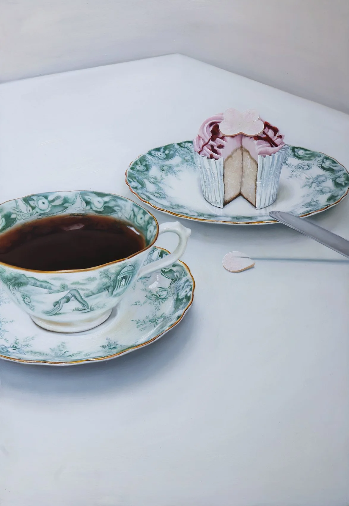 Knife Skills (2025) oil painting on plexiglass by Tereza Barnard, still life with teacup, cupcake and knife