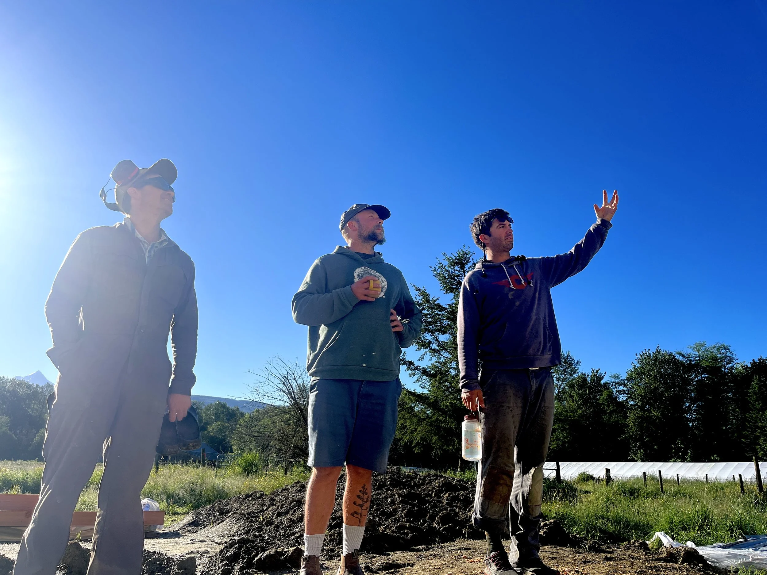 Three men outdoors on a sunny day. One man on the left holds a camera and wears sunglasses and a hat. The second man in the middle holds a cup and looks upward. The third man on the right raises his hand, holding a water bottle, and looks in the same