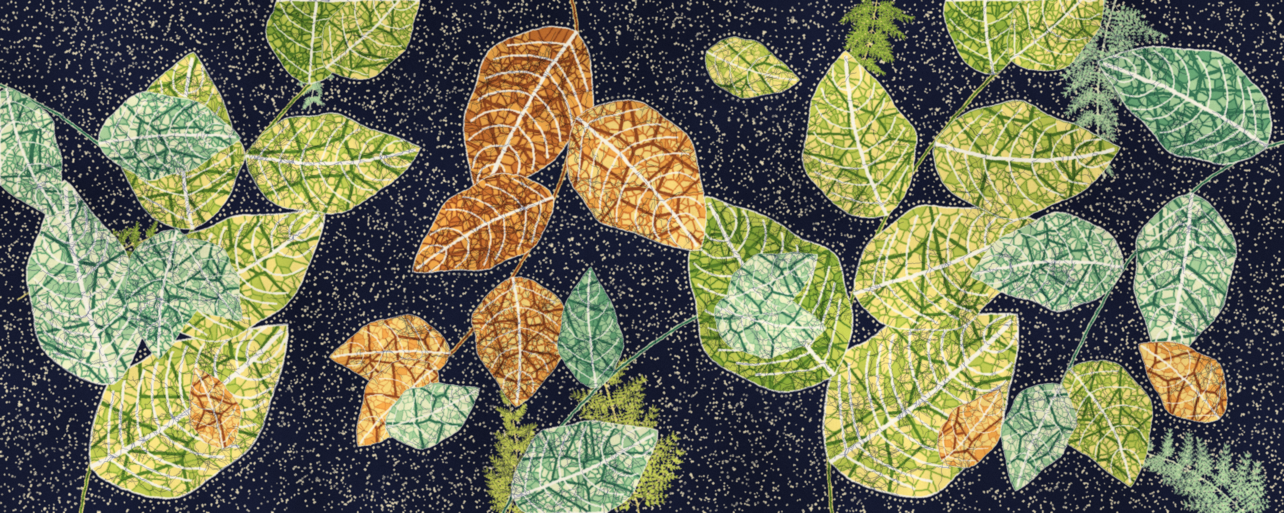 Stylized illustration of tropical leaves and foliage with gold outlines on a dark green background.