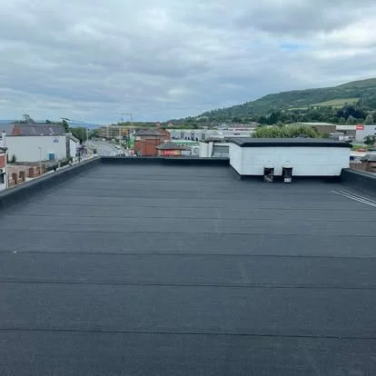 Large dark grey felt flat roof with hills in the distance