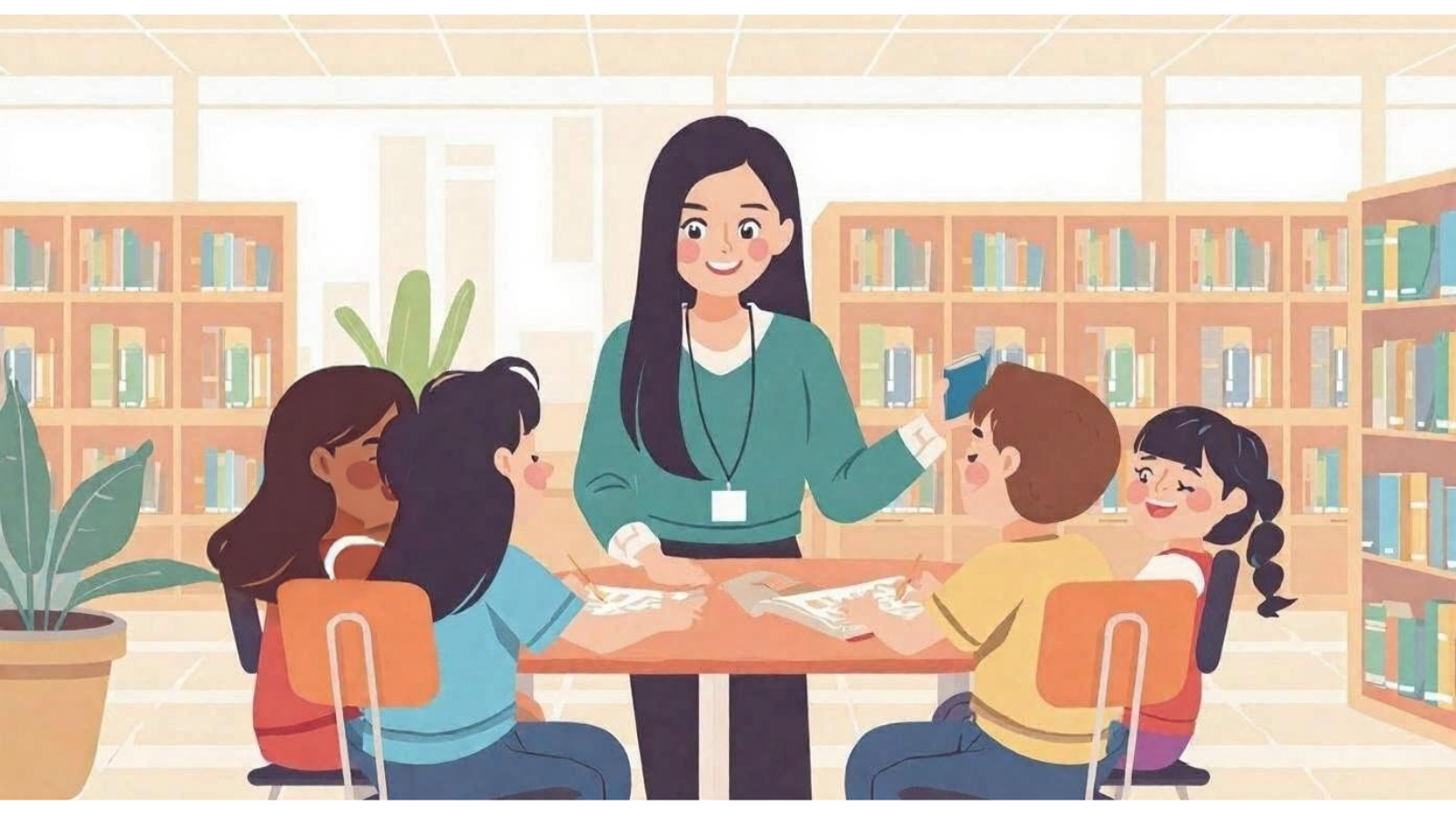 A tutor helping a small group of students in a library.