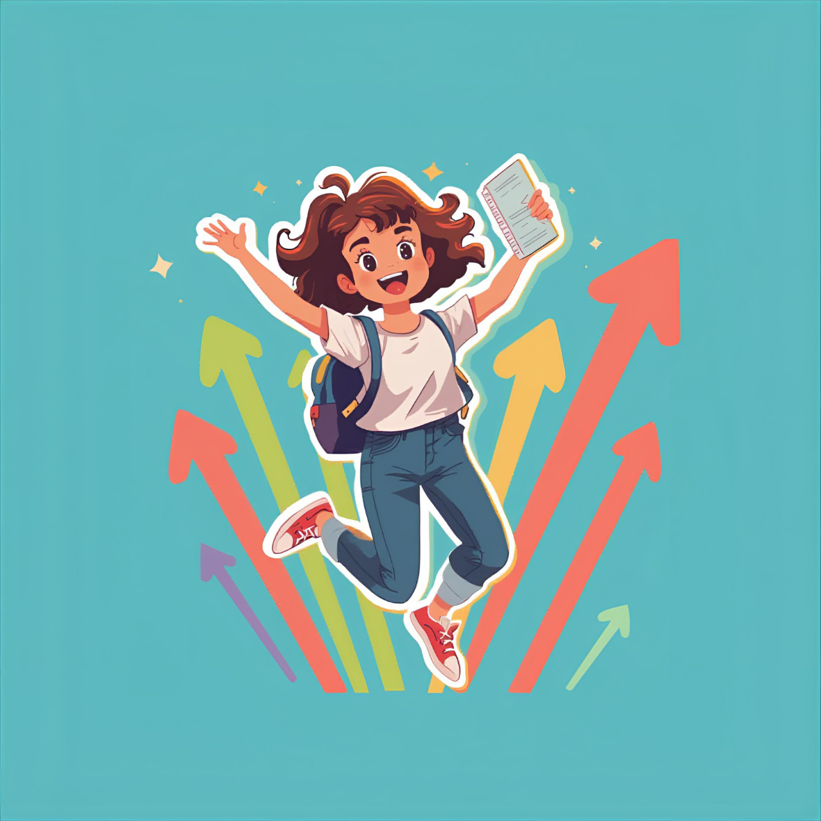 A joyful student who increased her reading and math scores, wearing a backpack, white t-shirt, jeans, and red sneakers, jumping with arms raised, holding a notebook, with colorful upward arrows in the background.