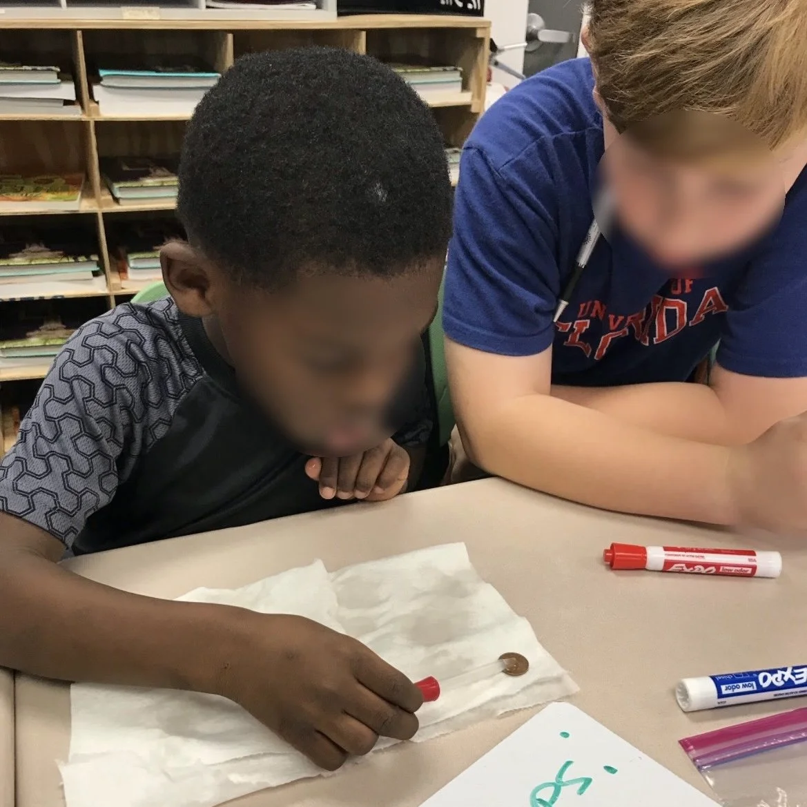 A young boy is using a dropper to transfer a liquid onto a cotton swab on paper towel, with a teacher observing nearby. There is a whiteboard with writing, markers, and supplies on the table.