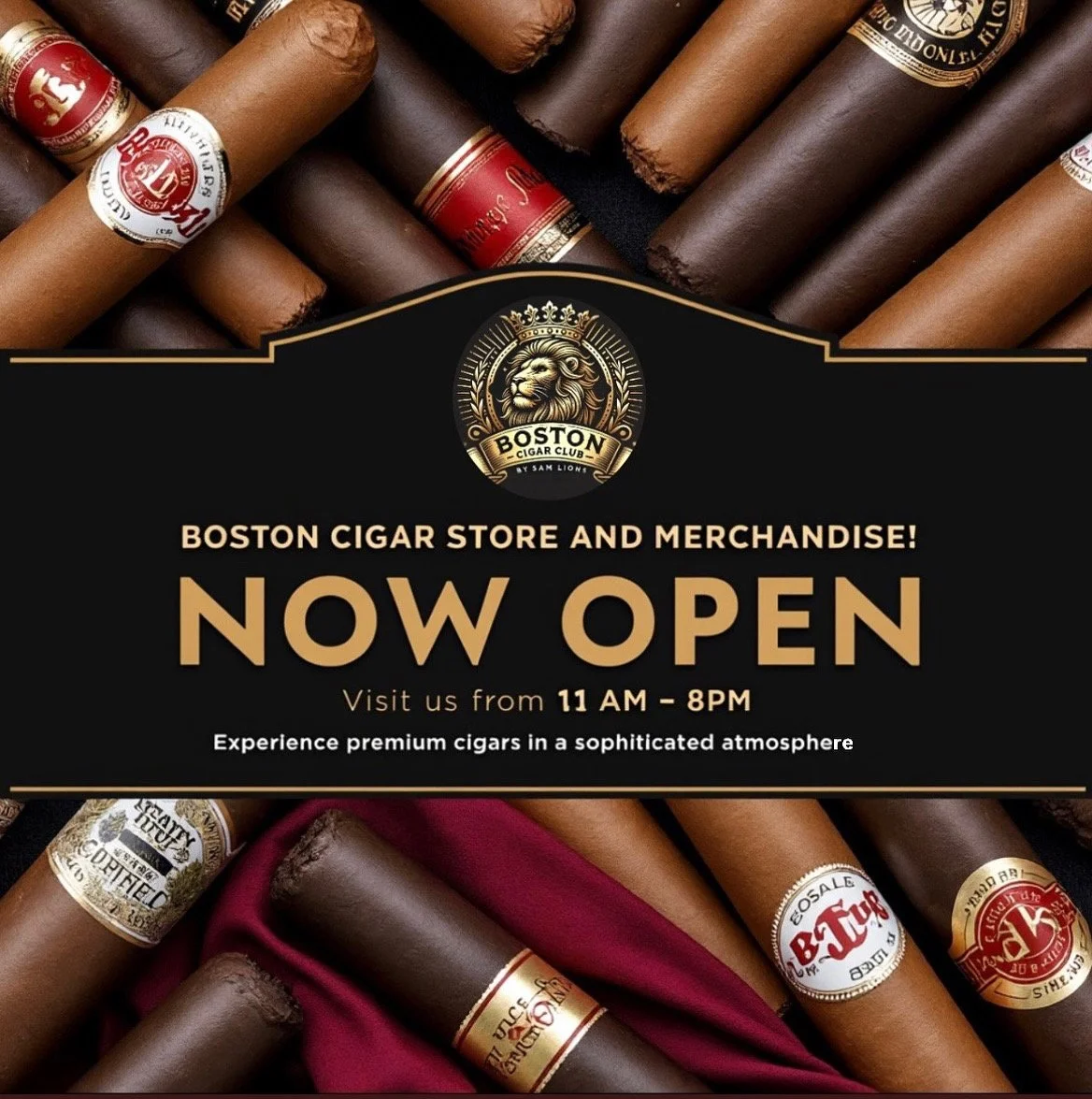 A promotional poster for Boston Cigar Club announcing the opening of a cigar store and merchandise shop. The background features various cigars with different labels, and the text highlights store hours from 11 AM to 8 PM, inviting customers to experience premium cigars in a sophisticated atmosphere.