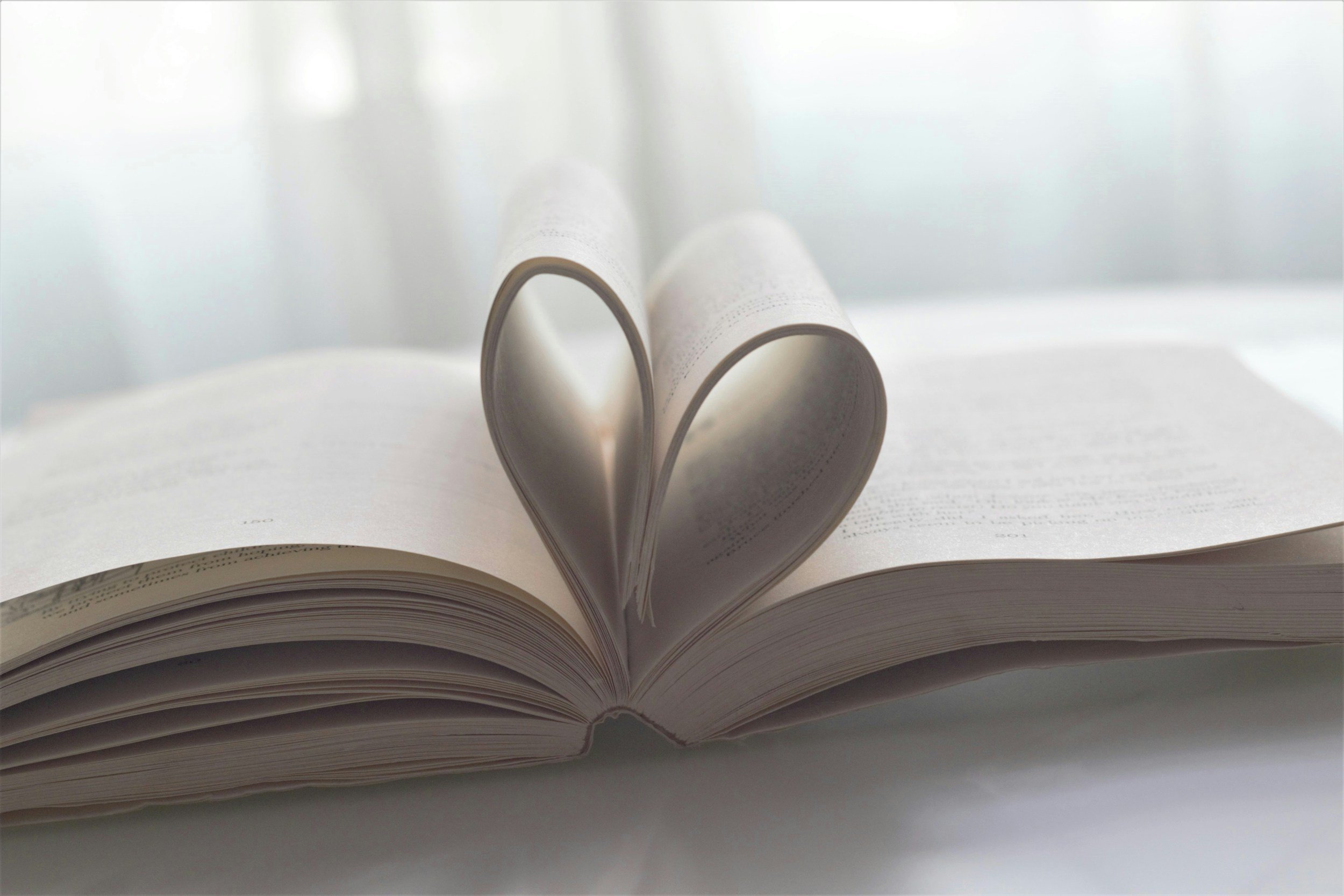 Open book with pages folded to form a heart shape.