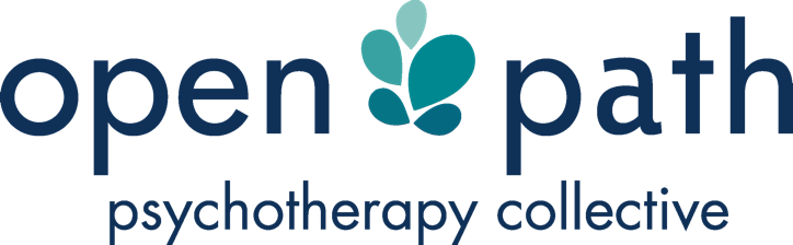 Open Path psychotherapy collective logo with abstract teal leaf design between the words 'open' and 'path'.