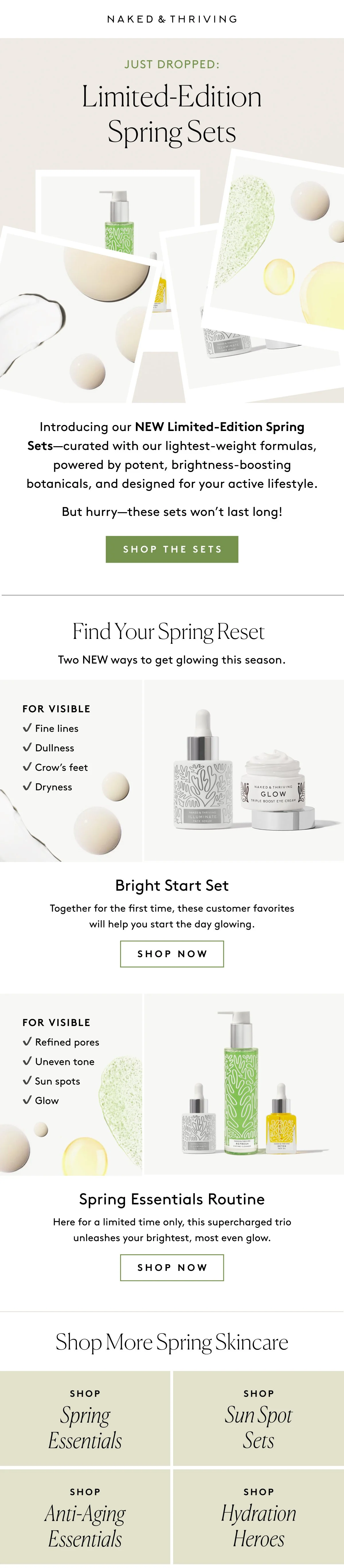 Top-performing marketing email designed under the creative direction of Margaret Kimball for Naked & Thriving, highlighting skincare storytelling and seasonal visuals.