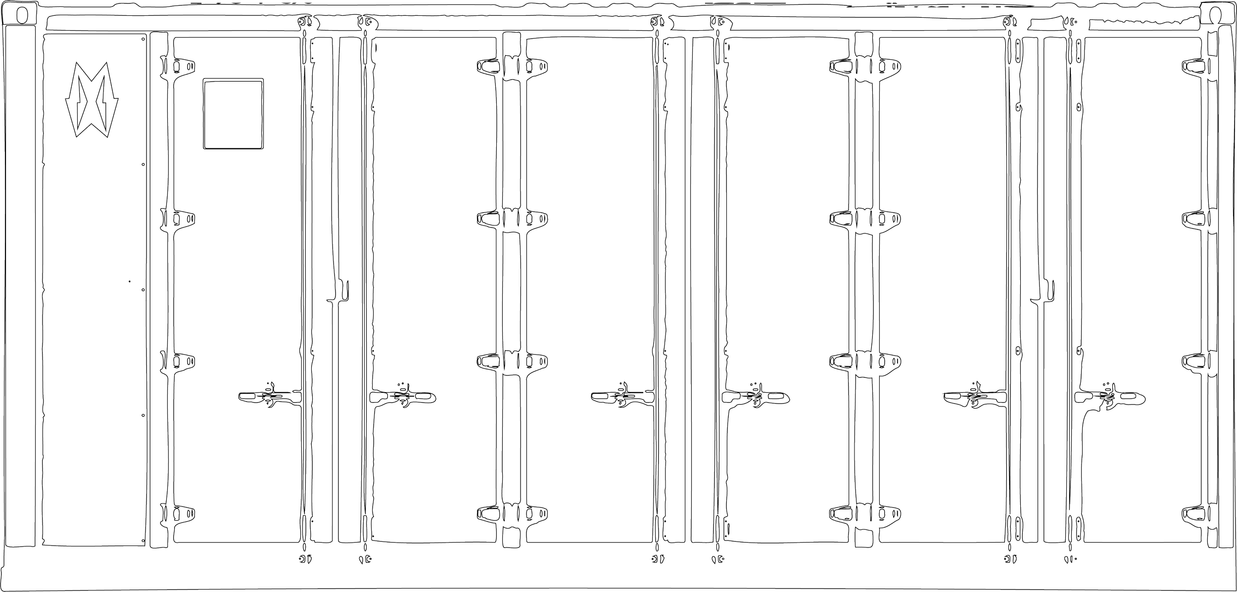 Outline drawing of a series of lockers with some badges or logos and a small picture frame on the doors.