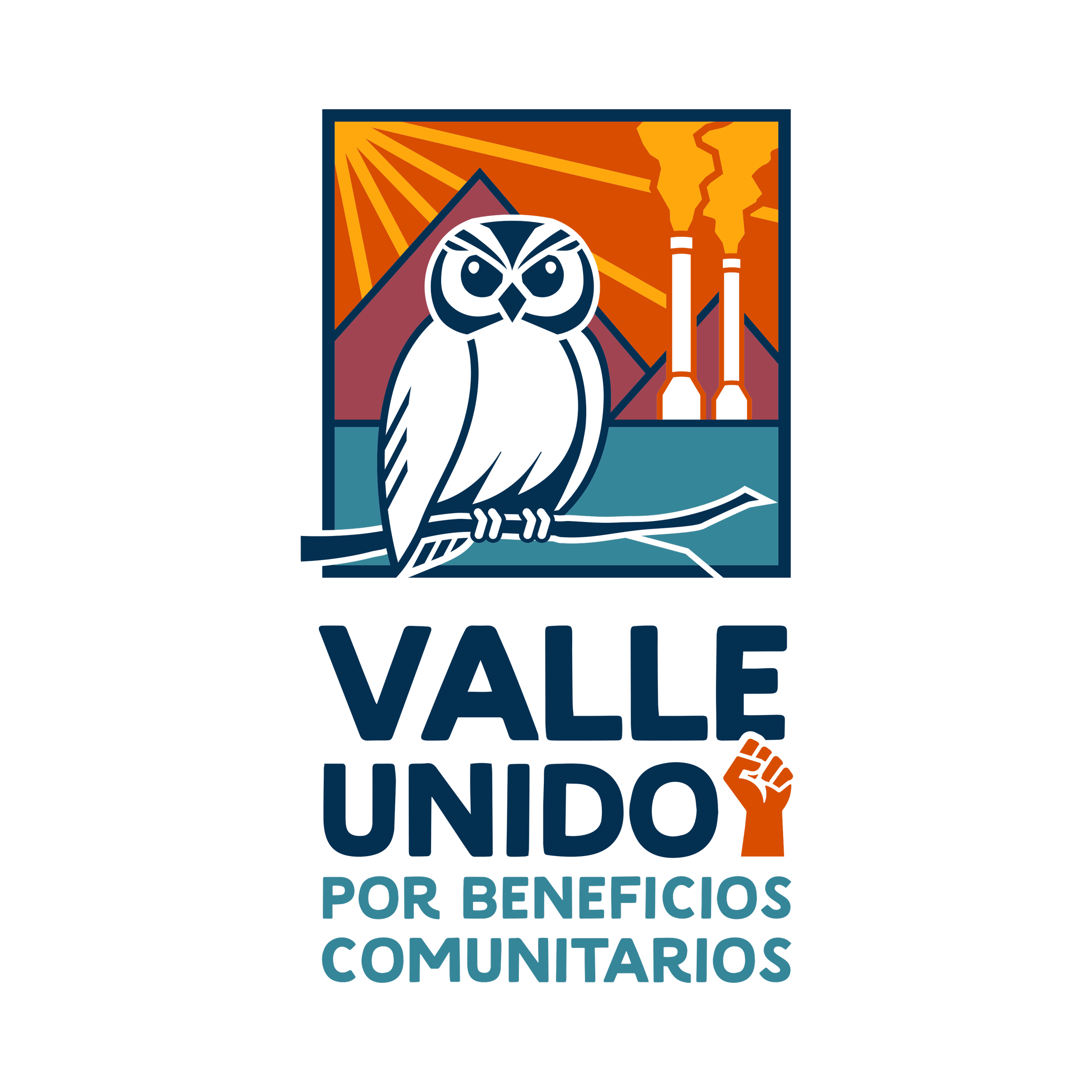 Logo for Vale Unido por Beneficios Comunitarios depicts a burrowing owl (the coalition's mascot) in front of a mountain range and cooling towers associated with geothermal energy
