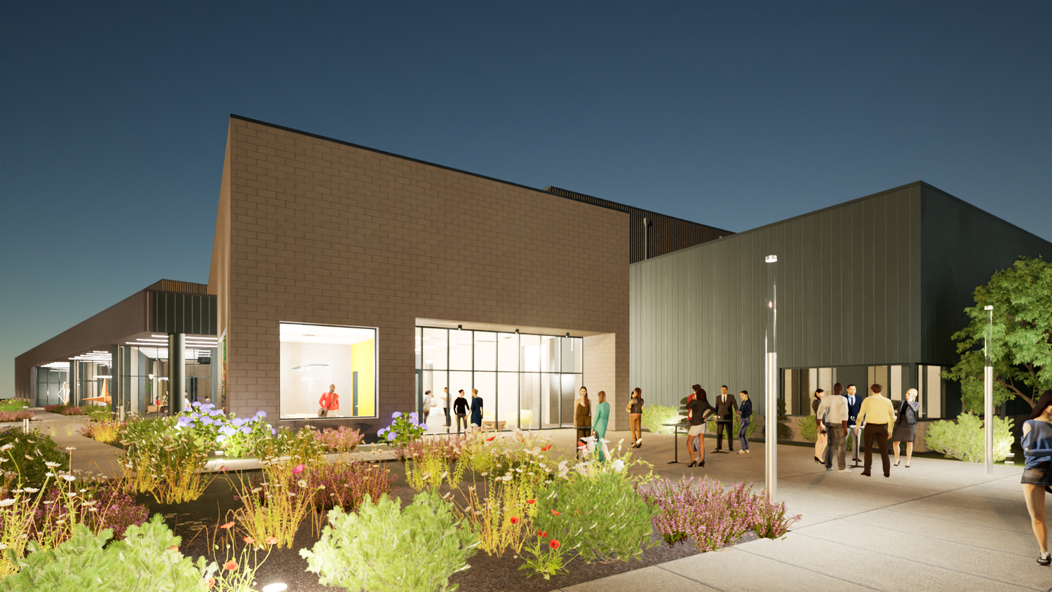 Rendering of the Performing Arts Center entry courtyard