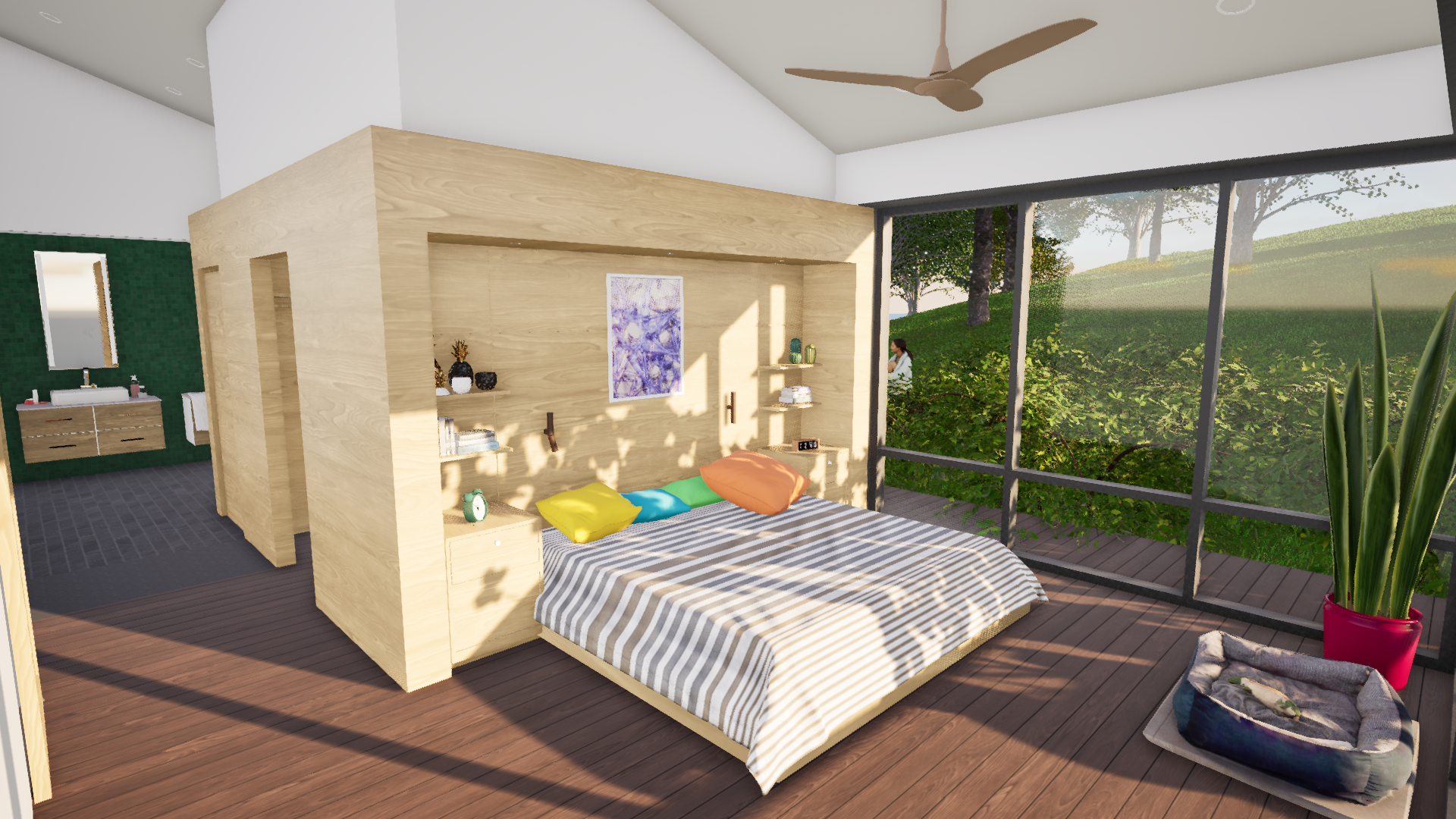 Rendering of the primary bedroom: a wood-lined sleeping alcove and a wall of glass to the woods