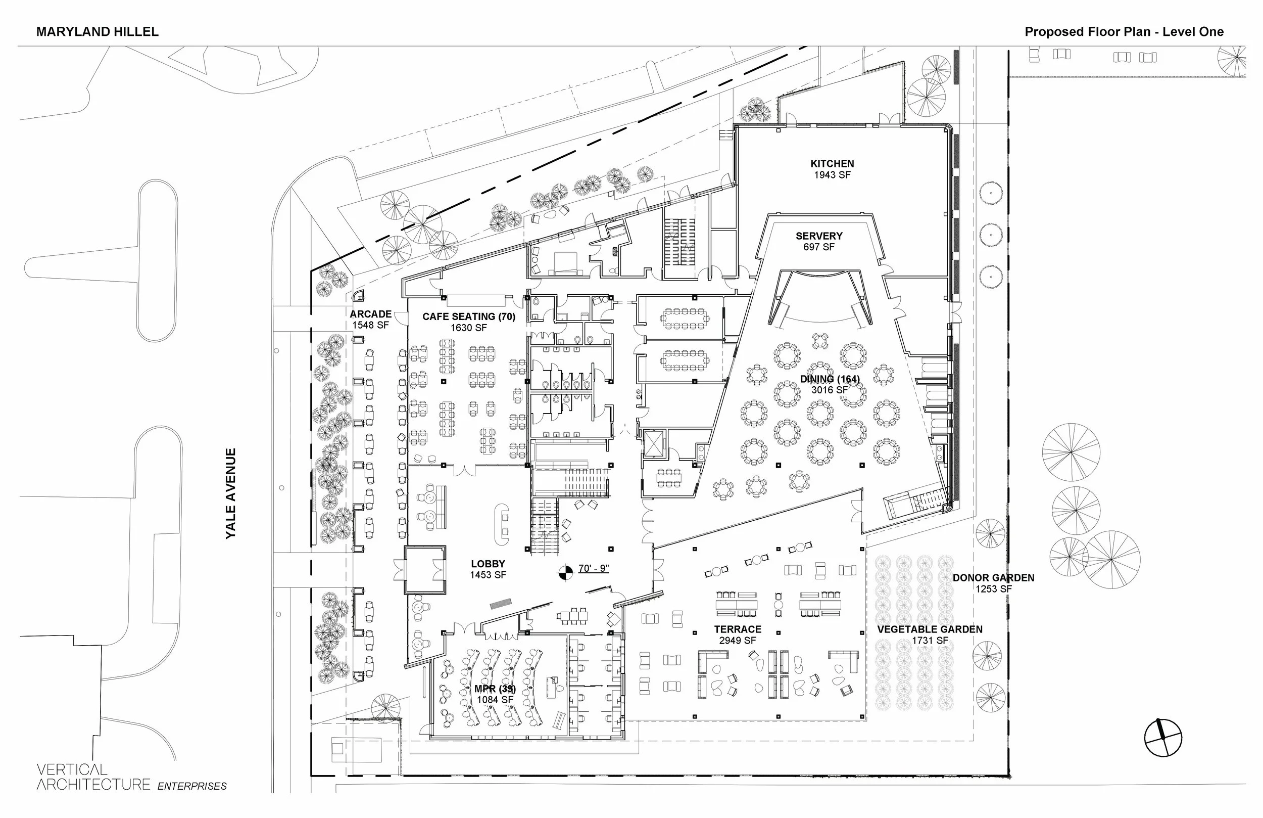 Proposed first floor plan: lobby and café on Yale Avenue, dining room and kosher kitchen behind