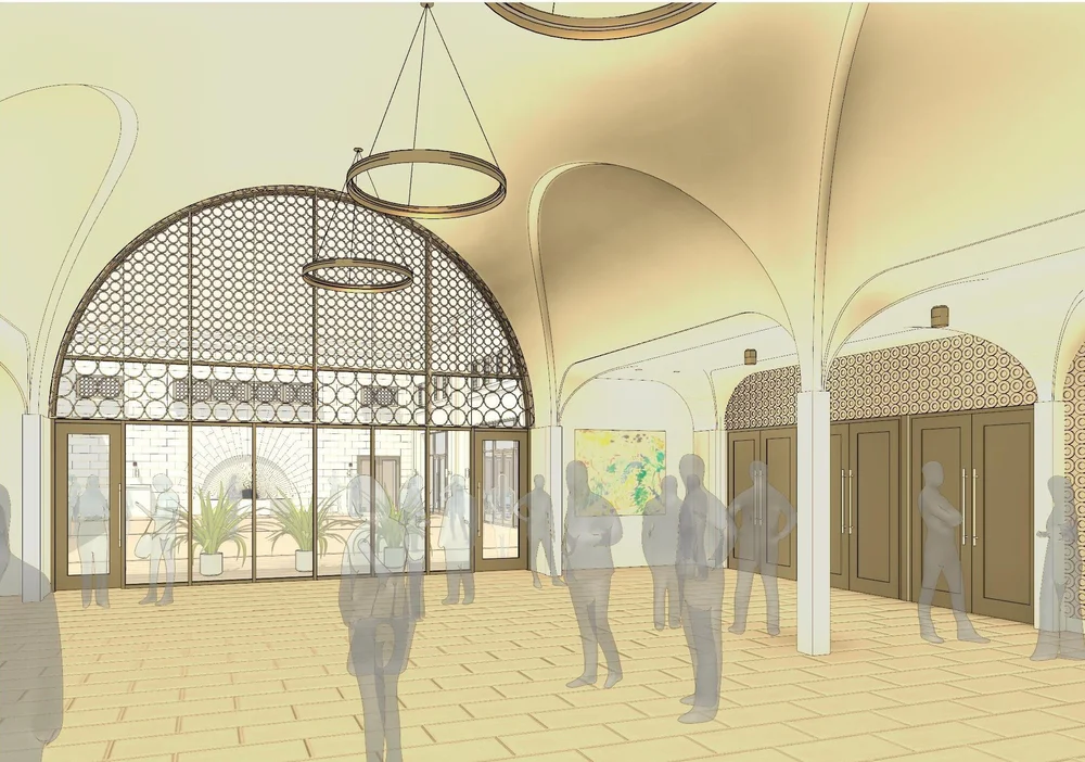Rendering of the lobby looking through a carved screen and arched glass to the courtyard
