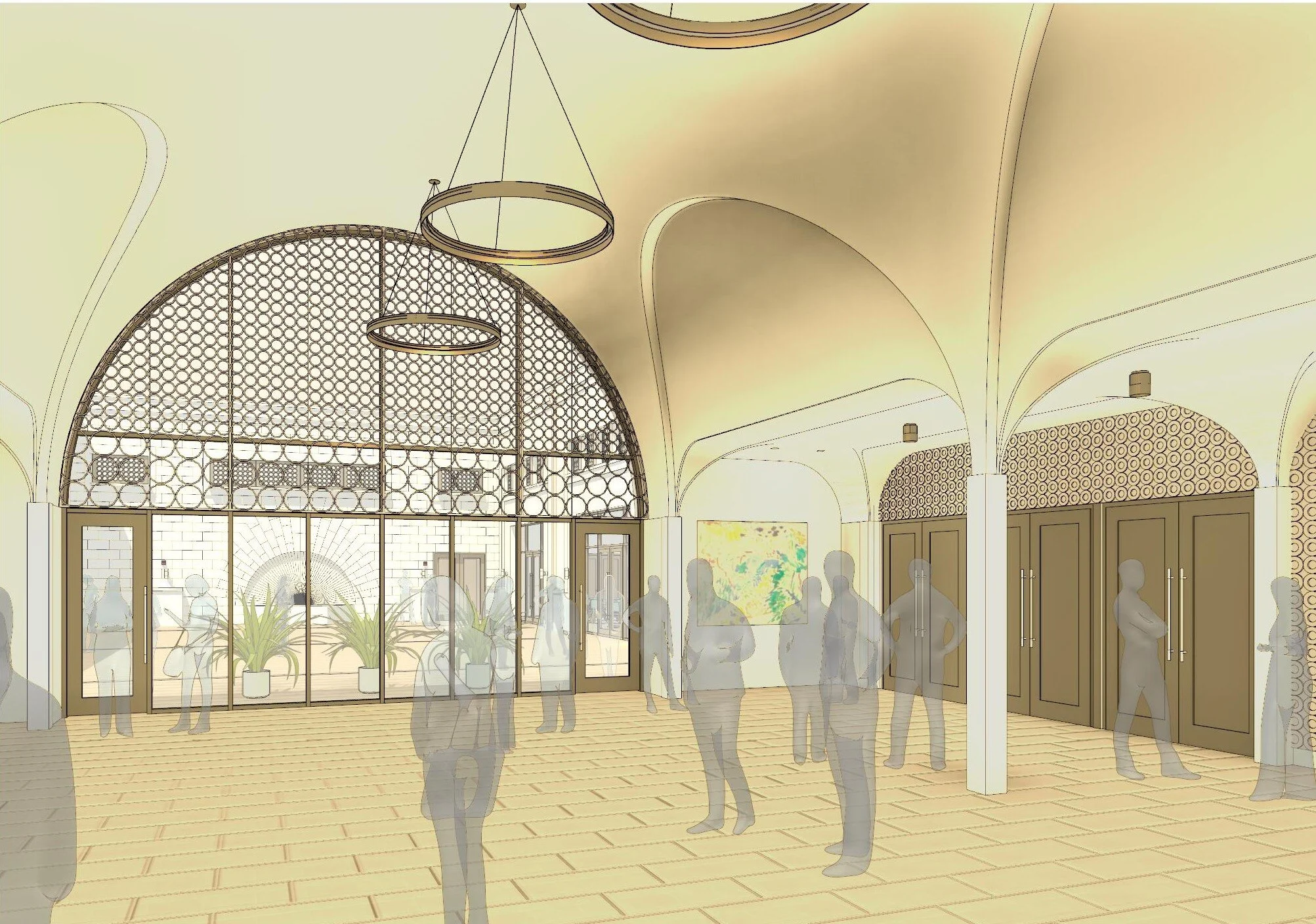 Rendering of the lobby looking through a carved screen and arched glass to the courtyard