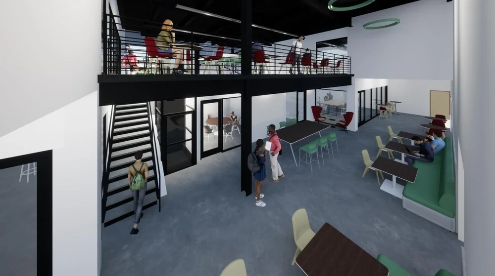 Rendering of the maker space with a mezzanine and work tables