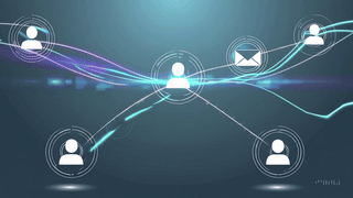 Digital network representing communication between multiple user icons connected by lines and data streams.