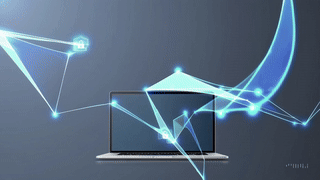 A laptop with digital network and data connections illustrated with glowing blue lines and points.