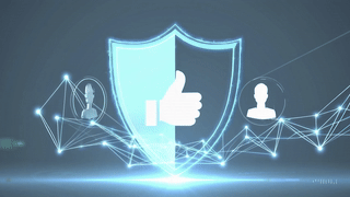 Digital graphic of a shield with a thumbs-up icon in the center, connected to silhouettes of a woman and a man by a network of glowing lines, symbolizing online security or social trust.