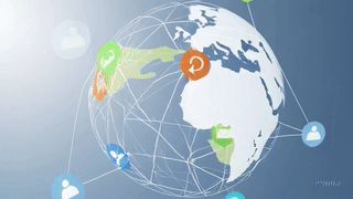 Global digital communication network with icons of people connecting worldwide.