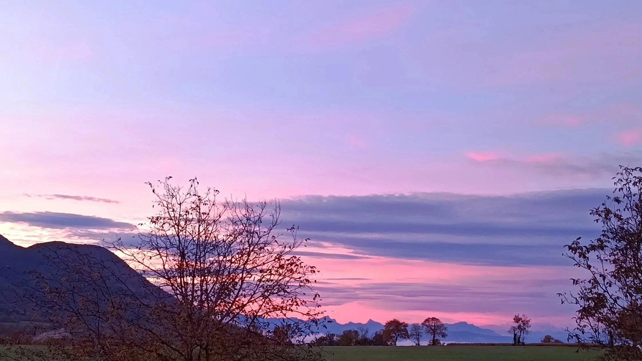 Coucher de soleil avec un ciel rose, violet, et bleu, silhouettes d'arbres et de montagnes à l'horizon