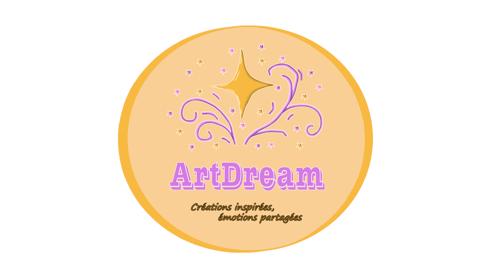 Logo de ArtDream avec une étoile scintillante et des étoiles plus petites, texte 'ArtDream' en violet, et la phrase 'Créations inspirées, émotions partagées' en dessous.