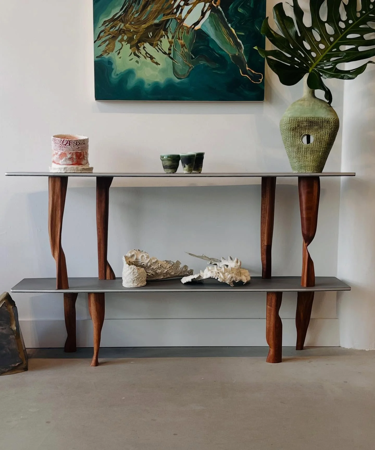 Meanderthal Shelves inspired by the blur between the natural and human intervention. Seen in Sea foam and Graphite. Sapele hand carved wood, soft underbelly of cotton velvet and mohair. 
Designed and created by Robert Lorie
@brohomiebabybroholdmebaby