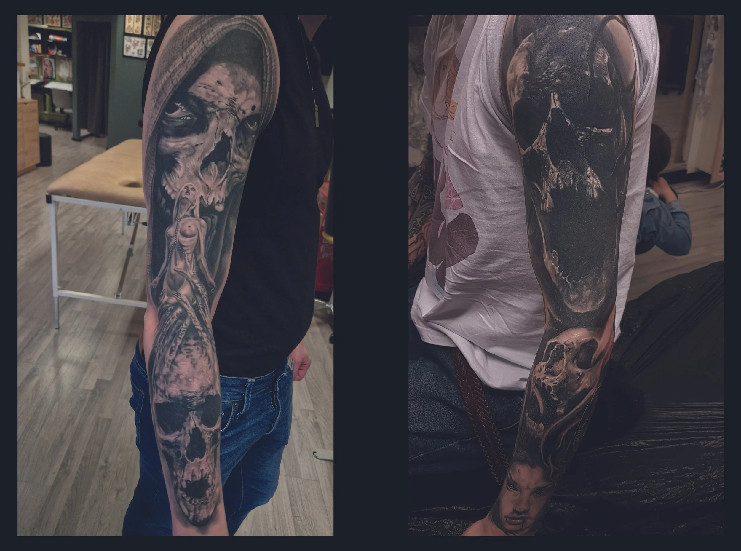 Tattooed arms of two people with detailed black and gray skull and face designs, one wearing a black sleeveless shirt and the other in a white shirt, in an indoor setting.
