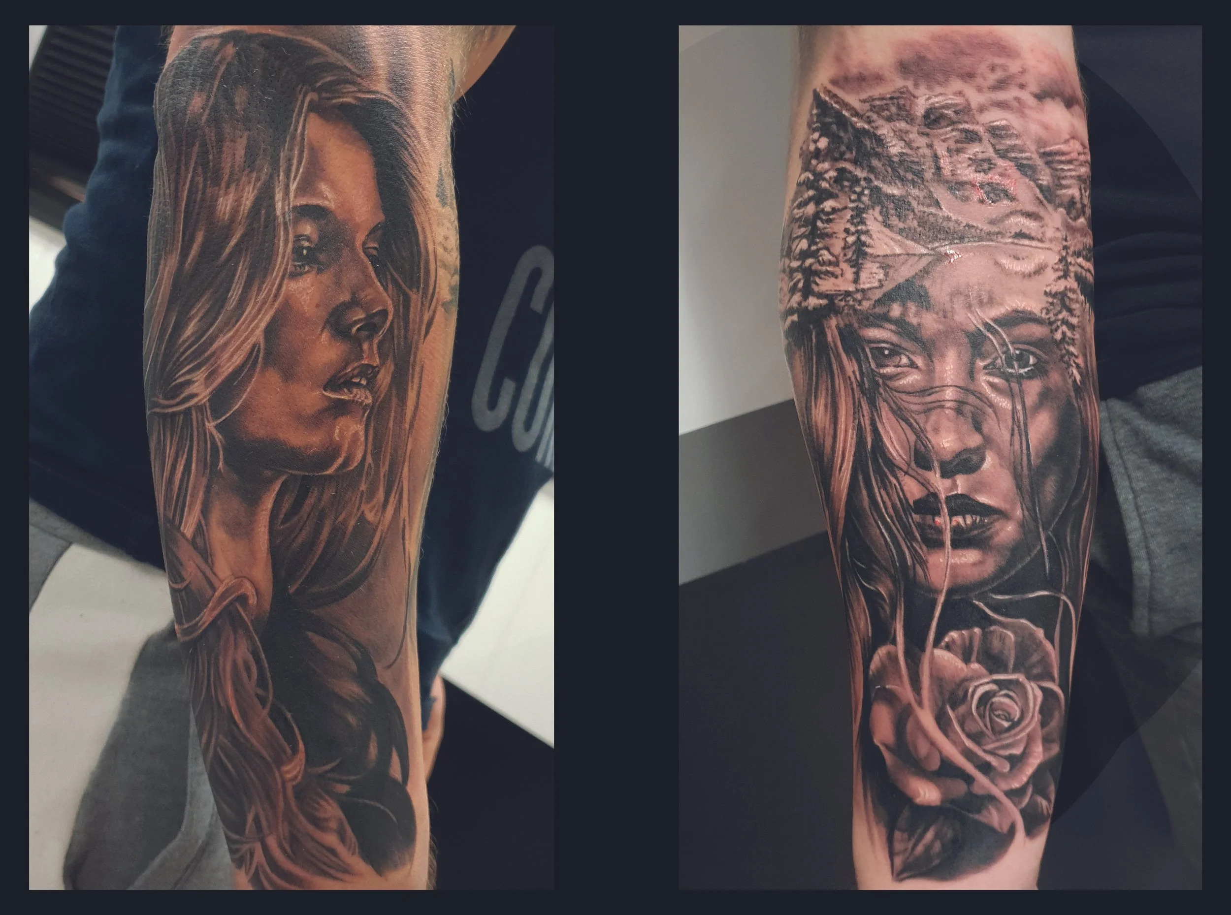 Tattoo of a woman's face with long hair on the left arm and a landscape scene with a woman's face and a rose on the right arm.