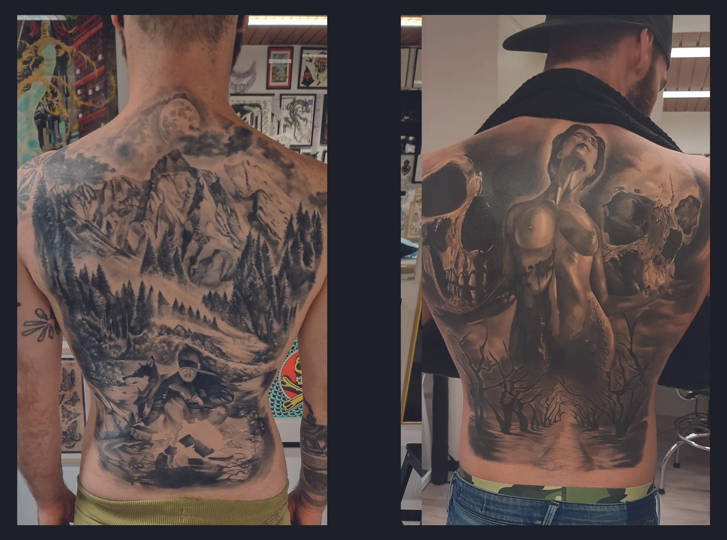 Two men's backs featuring large black and gray tattoos. The left tattoo depicts mountains, trees, a river, and a person with a dog in a landscape scene. The right tattoo shows a woman with her head tilted back, surrounded by clouds and skulls, with a