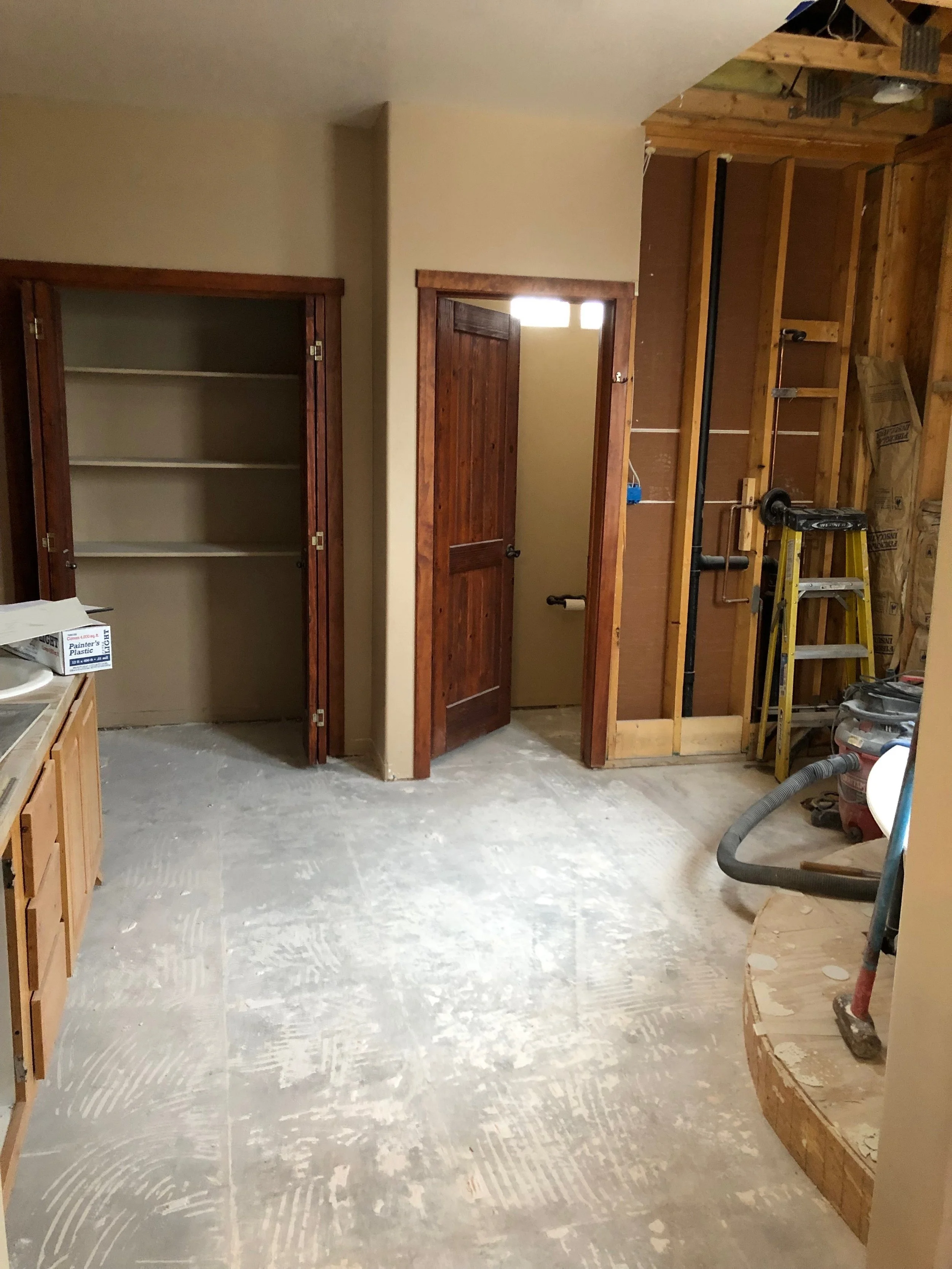 Shower pan was done incorrectly leading to bad smell and had to be completely removed to do a new poured shower pan the correct way.