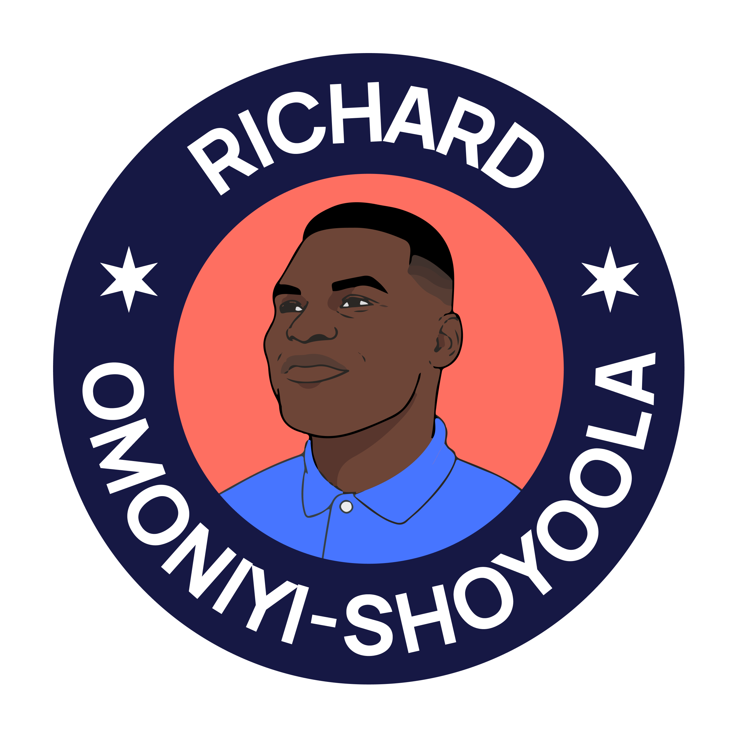Illustration of a young man with short dark hair, brown skin, wearing a blue collared shirt, inside a circular campaign badge that says 'RICHARD' at the top and 'WO-NIYO-LO-YA' at the bottom, with white stars on a dark blue background.