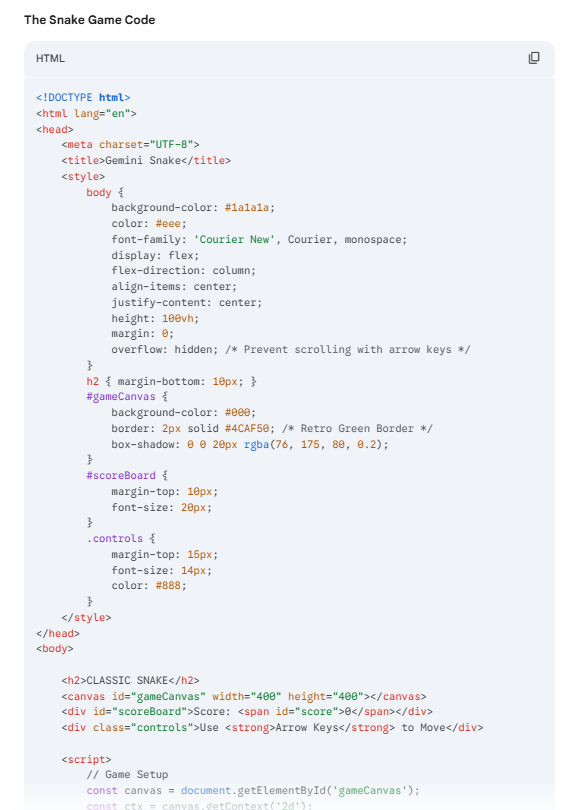 Screenshot of HTML code for a classic Snake game page, including a styled game canvas, score display, and control instructions.