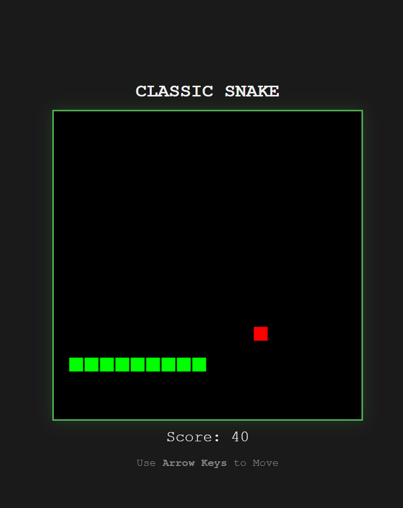 A screenshot of a classic snake game with a black background. It shows a green snake made of squares, a red square representing the food, a score of 40 at the bottom, and instructions to use arrow keys to move.