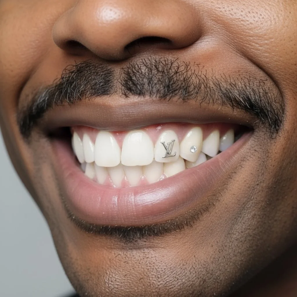 Close-up of a person's mouth showing white teeth with a diamond and a Louis Vuitton logo jewelry on the upper front teeth, and a mustache.