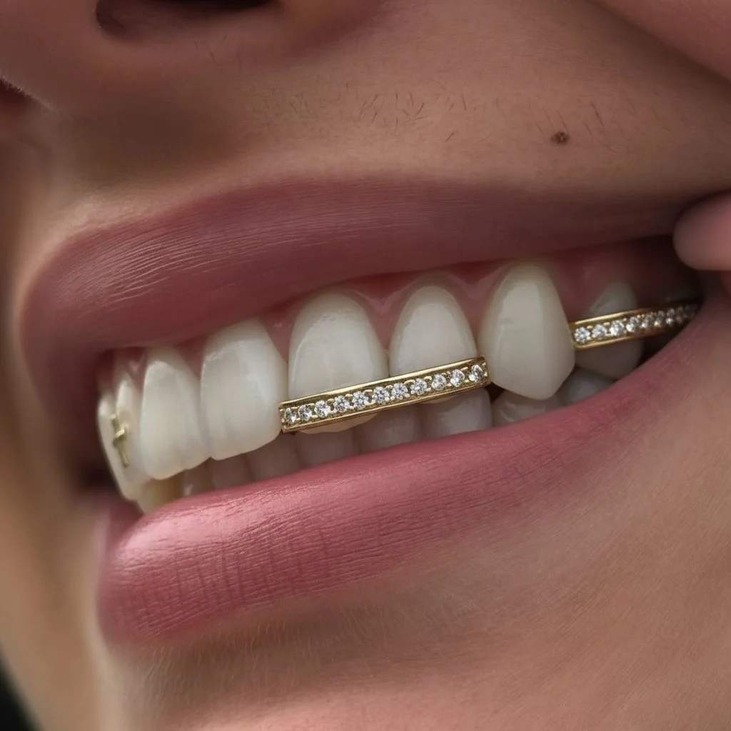 Close-up of a person's smile showing teeth with gold dental jewelry encrusted with small diamonds.