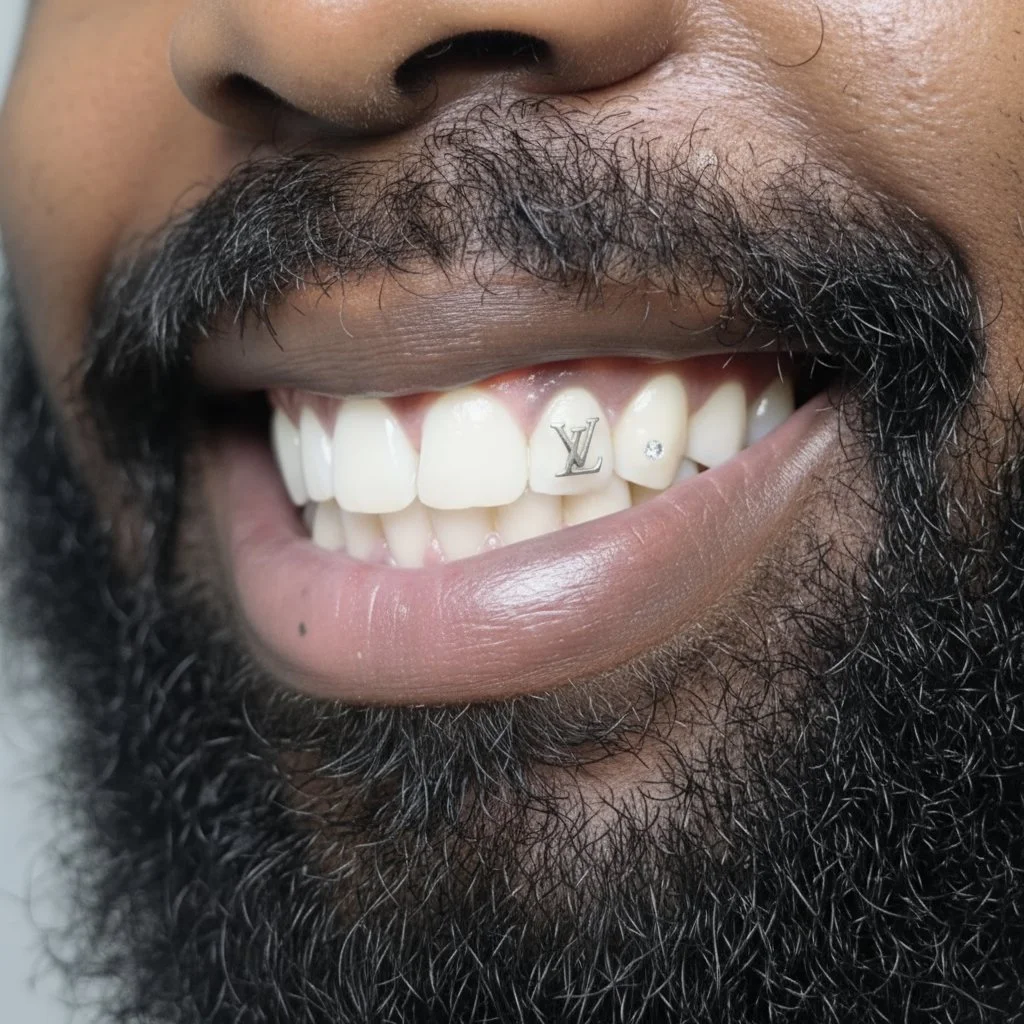Close-up of a smiling person showing white teeth with a Louis Vuitton logo on the front tooth and a small diamond next to it, with facial hair and a partial view of lips and nose.