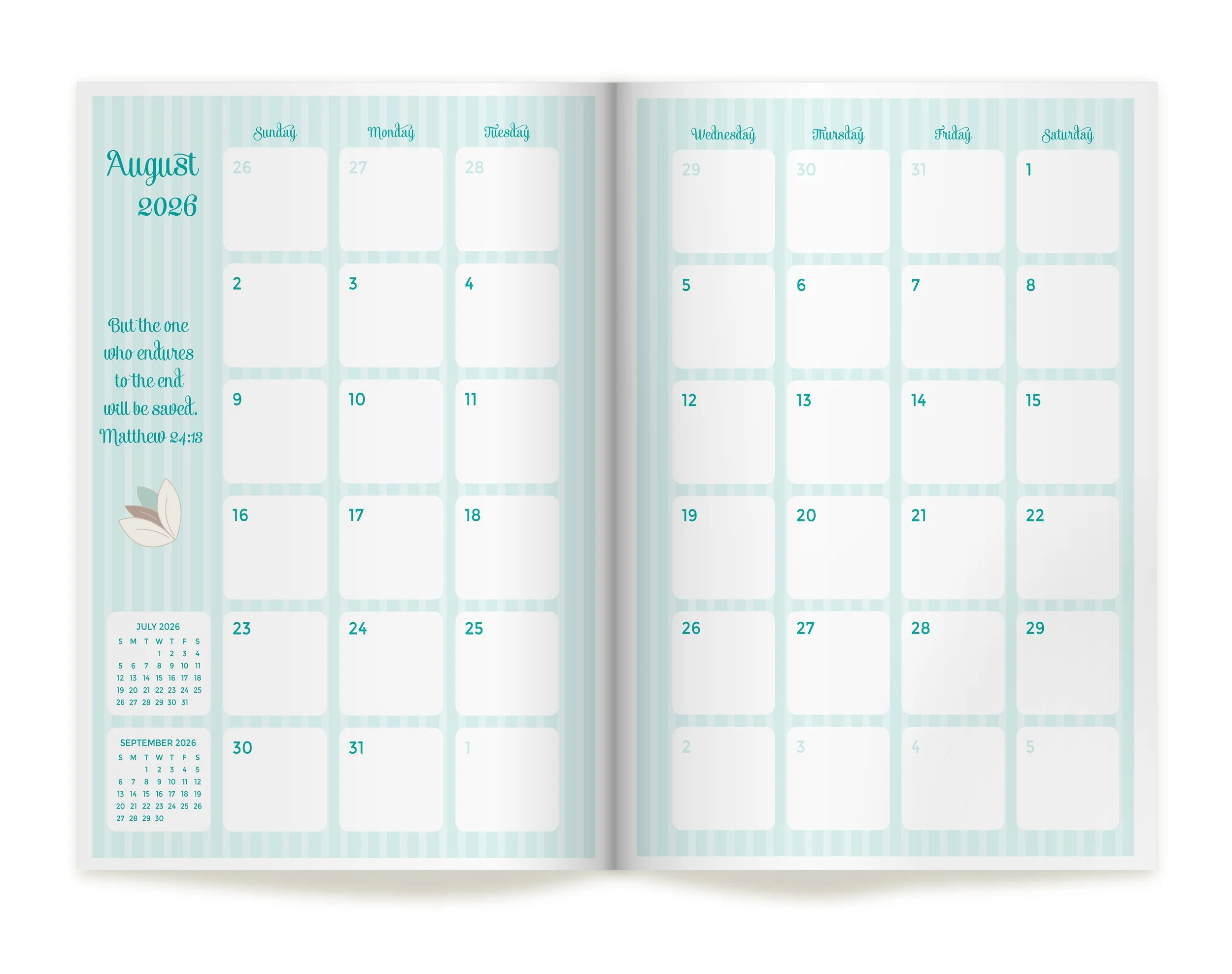 2026 Inspirational Planner monthly pages with boho floral trendy graphics with earthtones, pinstripes, and stylized foliage. Title: 2026 Weekly Planner & Inpiration