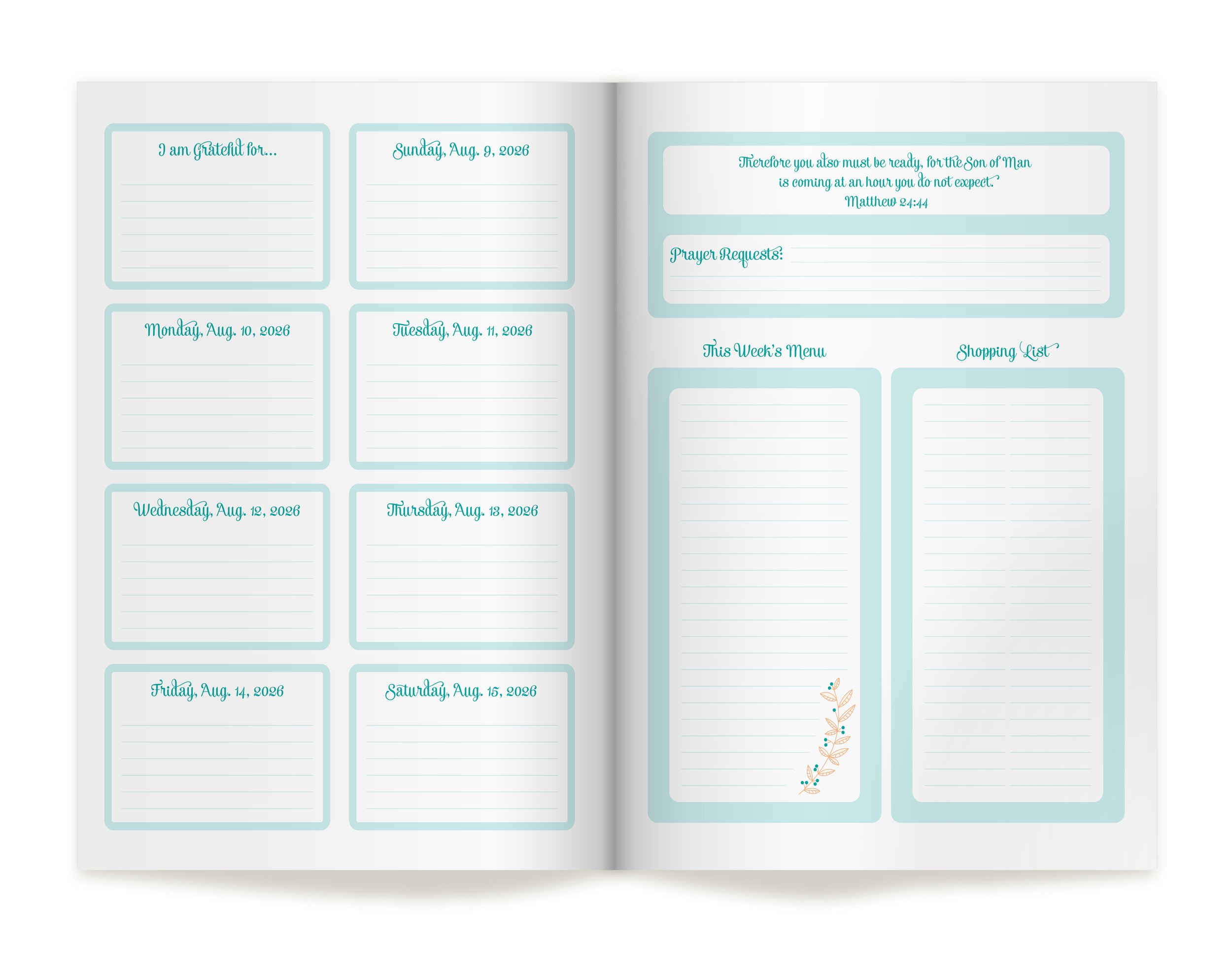 2026 Inspirational Planner weekly pages with boho floral trendy graphics with earthtones, pinstripes, and stylized foliage. Title: 2026 Weekly Planner & Inpiration