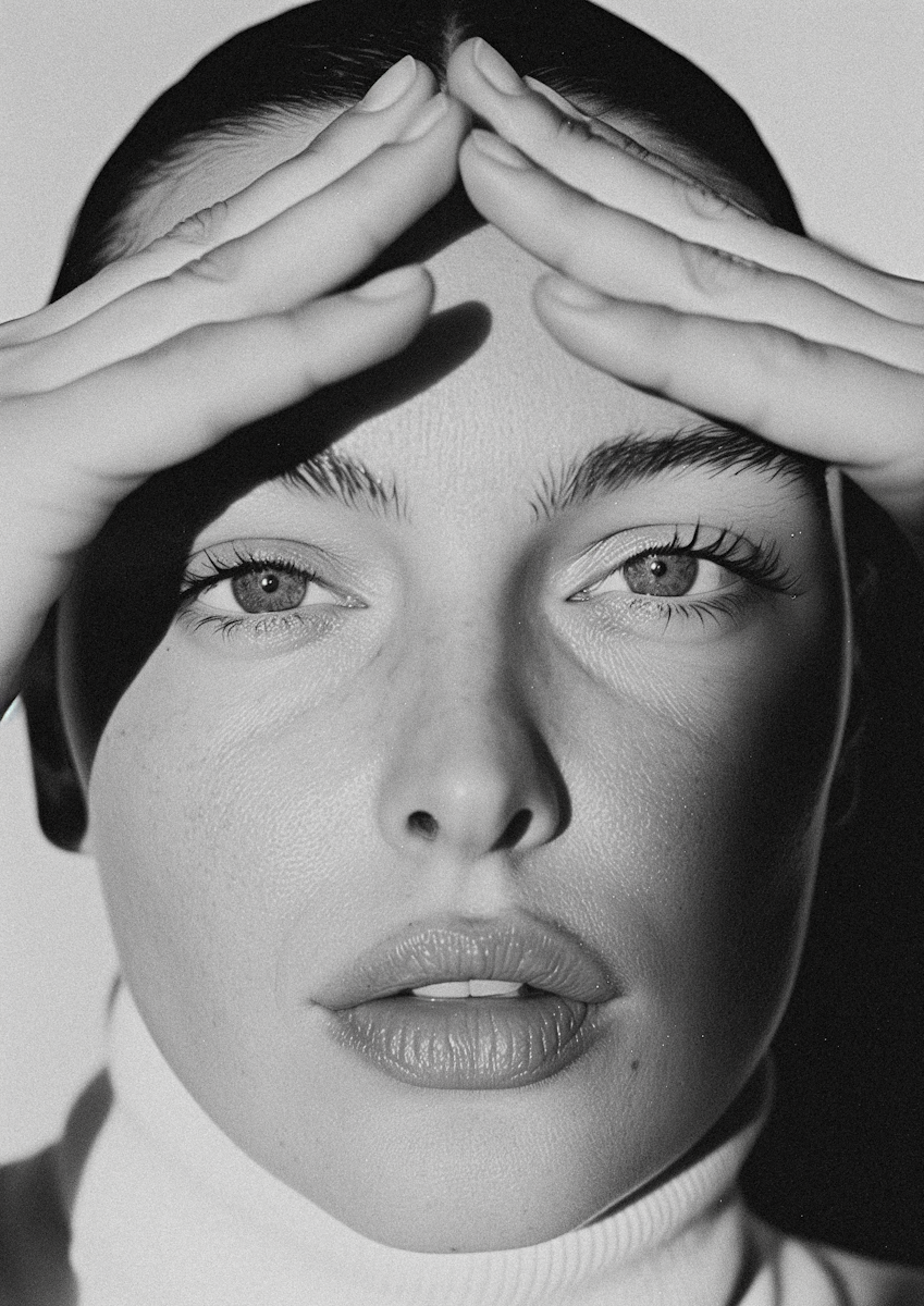 A black and white close-up portrait of a young woman with her hands on her forehead, gazing forward.