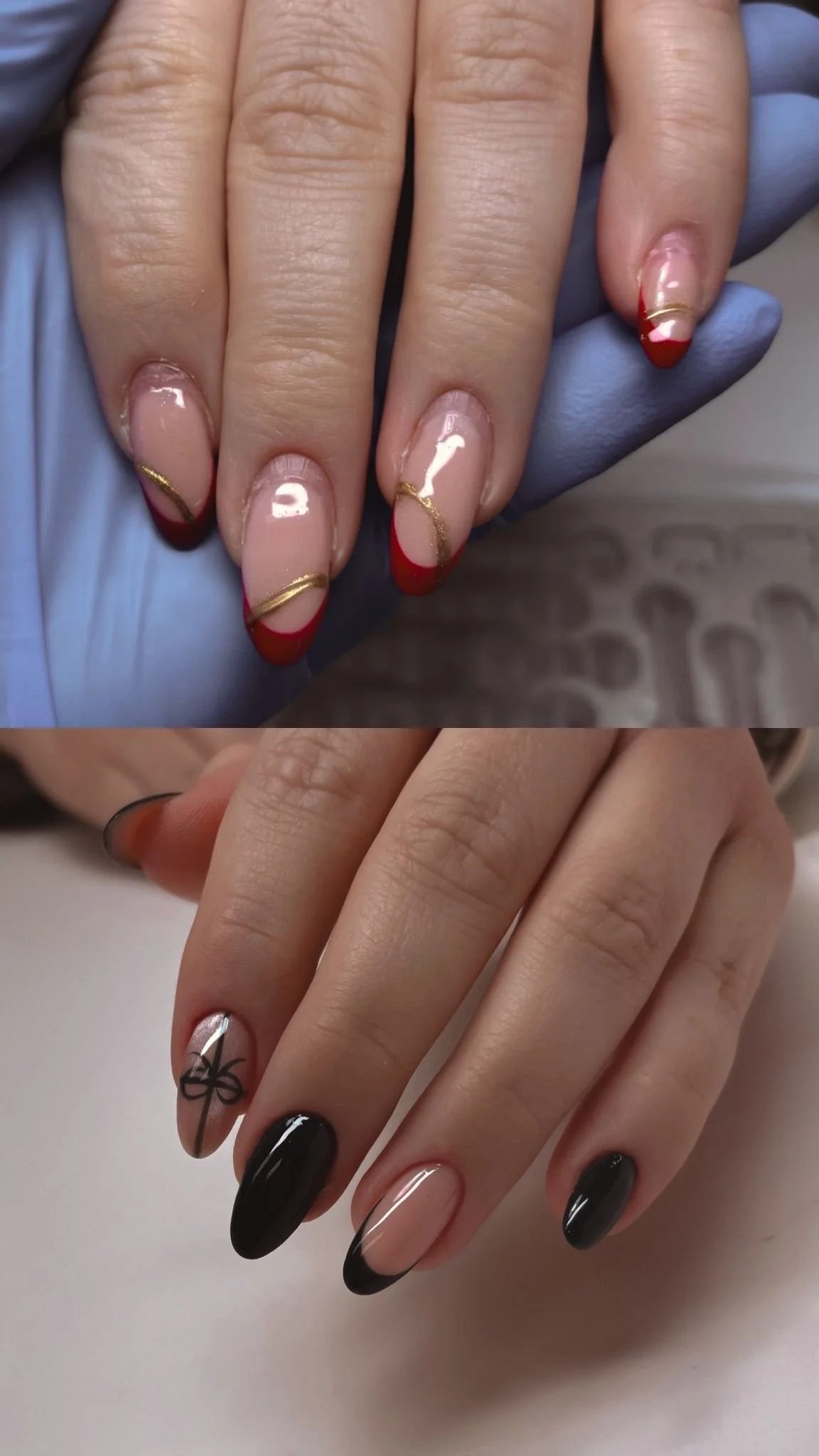 Close-up of two hands with manicured nails, top hand has red and clear nails with gold accents, bottom hand has black and nude nails with a bow design.