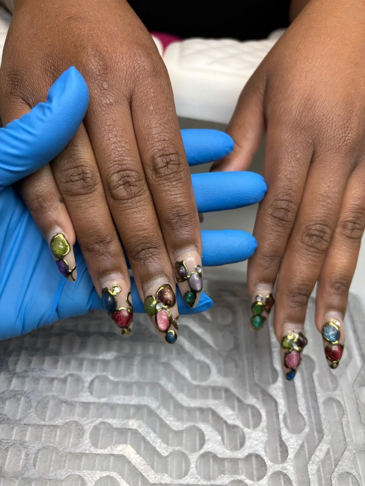session 1 arrival-Client nails with previous decorative manicure before Russian manicure correction by Tatiana in Midlothian Virginia