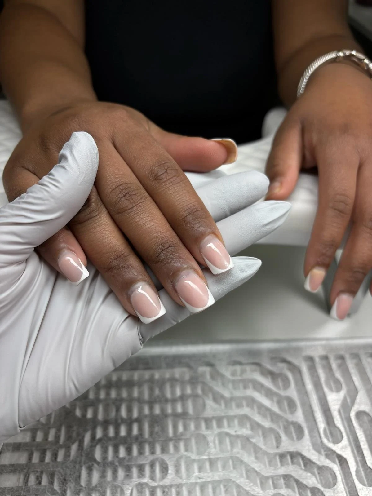 Russian manicure nails returning for proper maintenance after three weeks at Tatiana’s studio in Midlothian Virginia