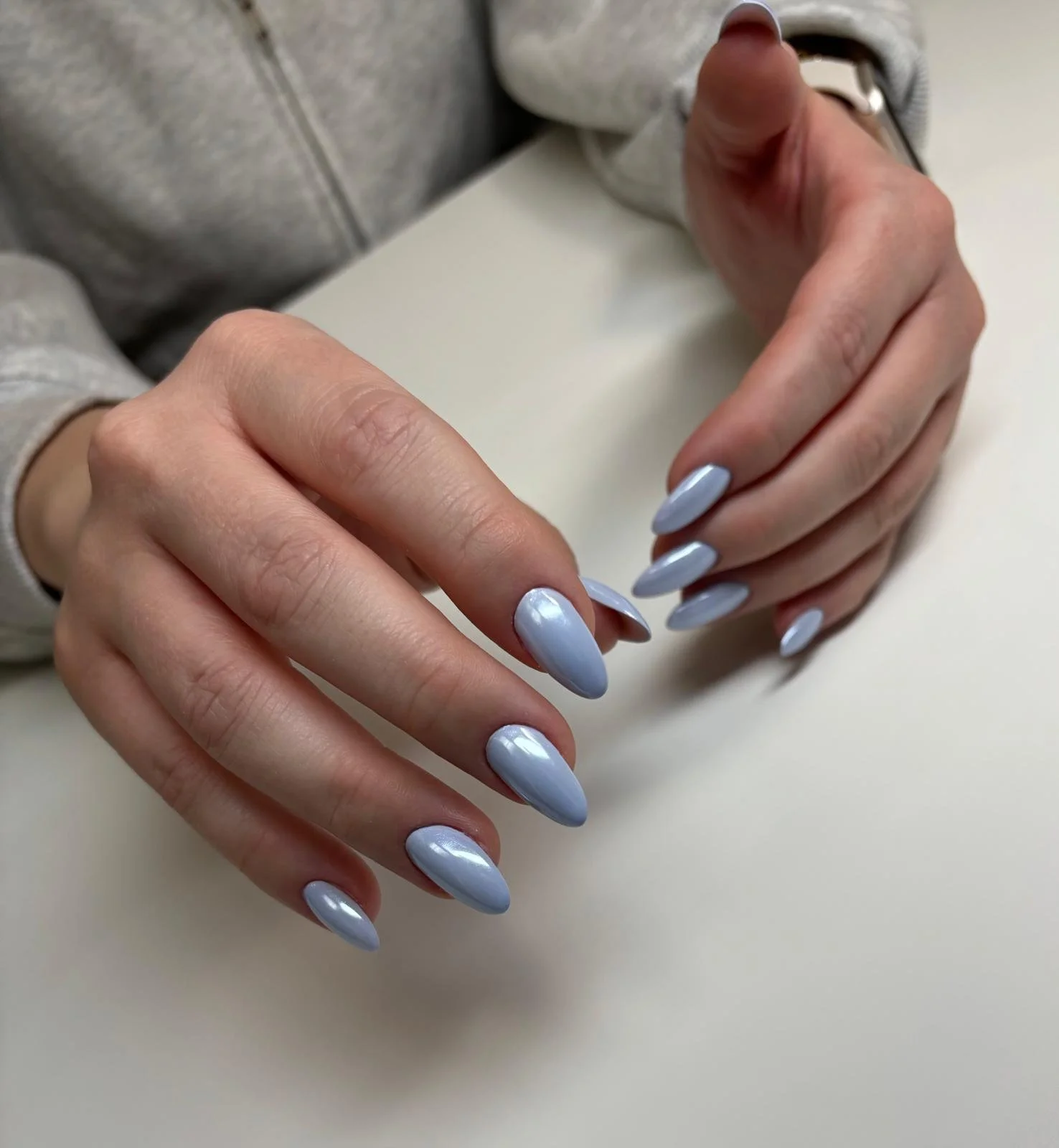 Russian manicure close-to-cuticle coating showing refined almond shape and long-term structural balance in Richmond Virginia