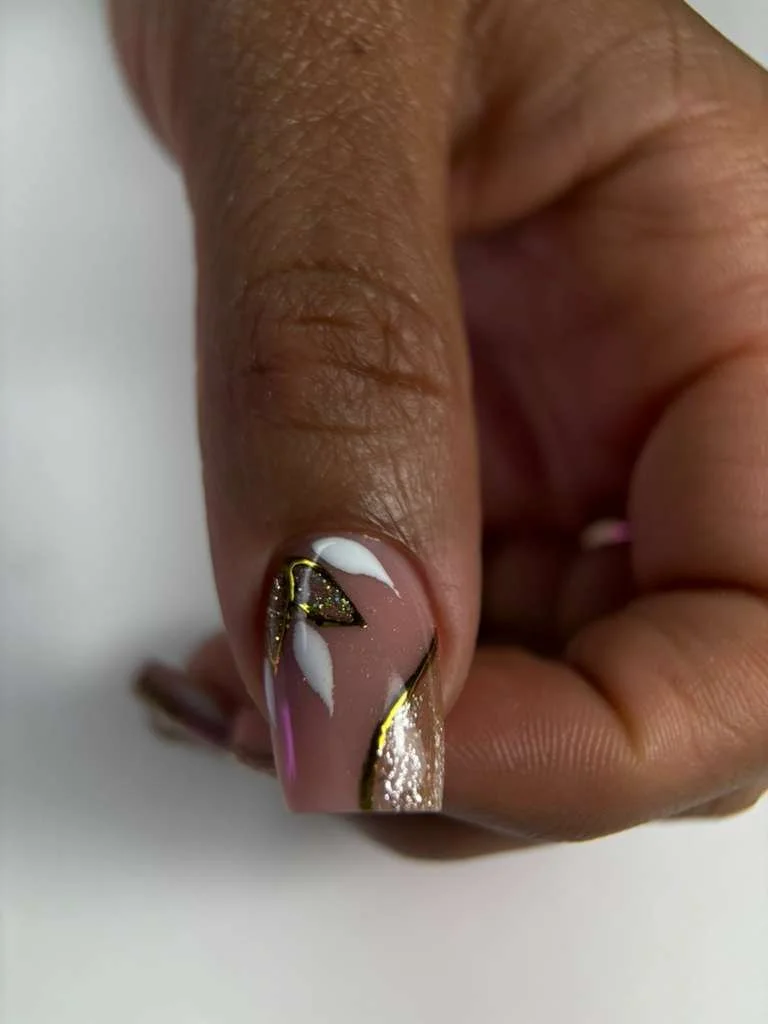 Close-up detail of structured nail extension after recovery from burned and over-filed nails using a health-first Russian manicure approach.