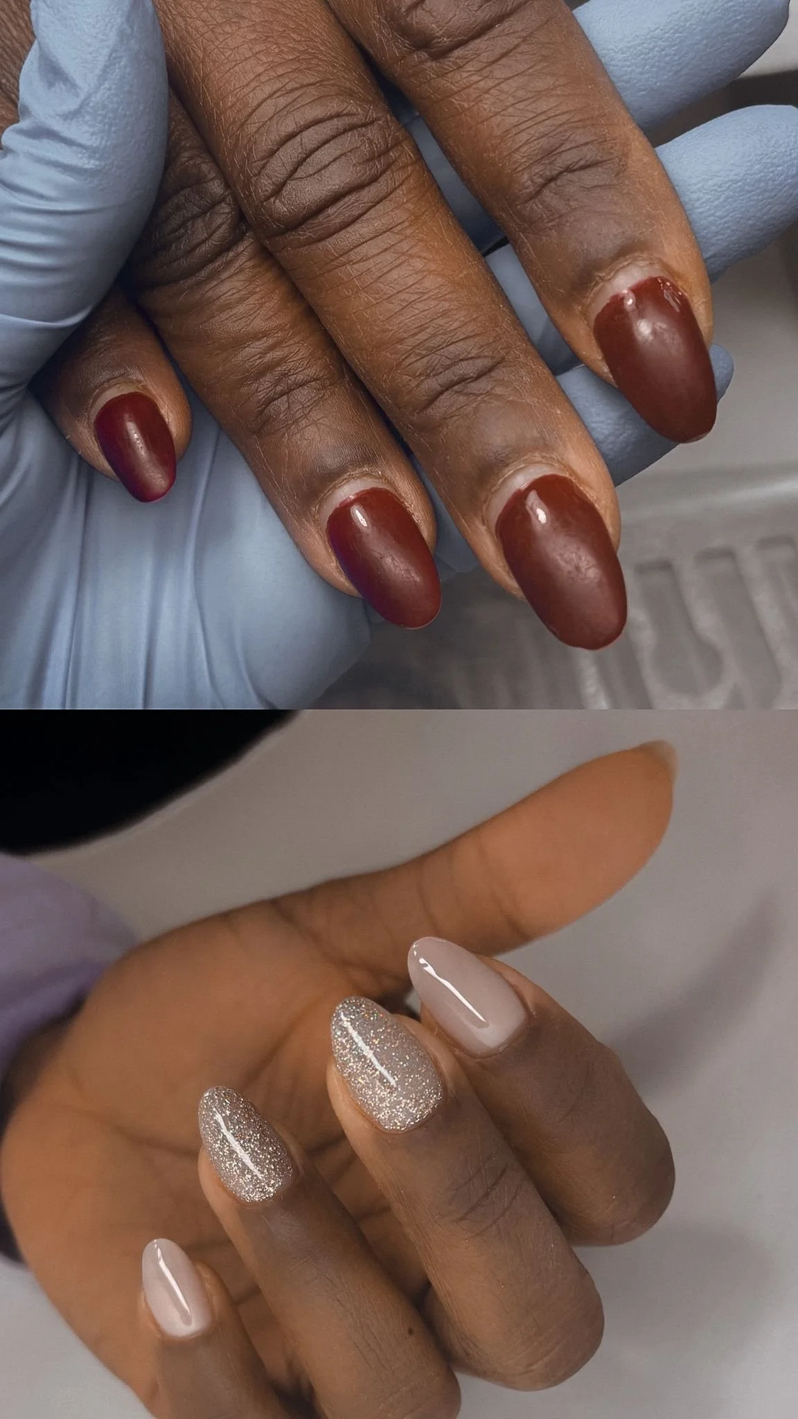 Comparison of two hands with manicured nails: top hand with dark red, almond-shaped nails, and bottom hand with light, nude-colored, glossy and glittery nails.