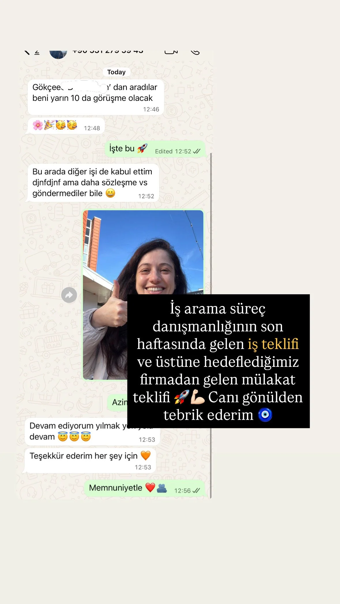 İş arama süreci sohbeti ve bir kadın fotoğrafı gösteren mesajlar.
