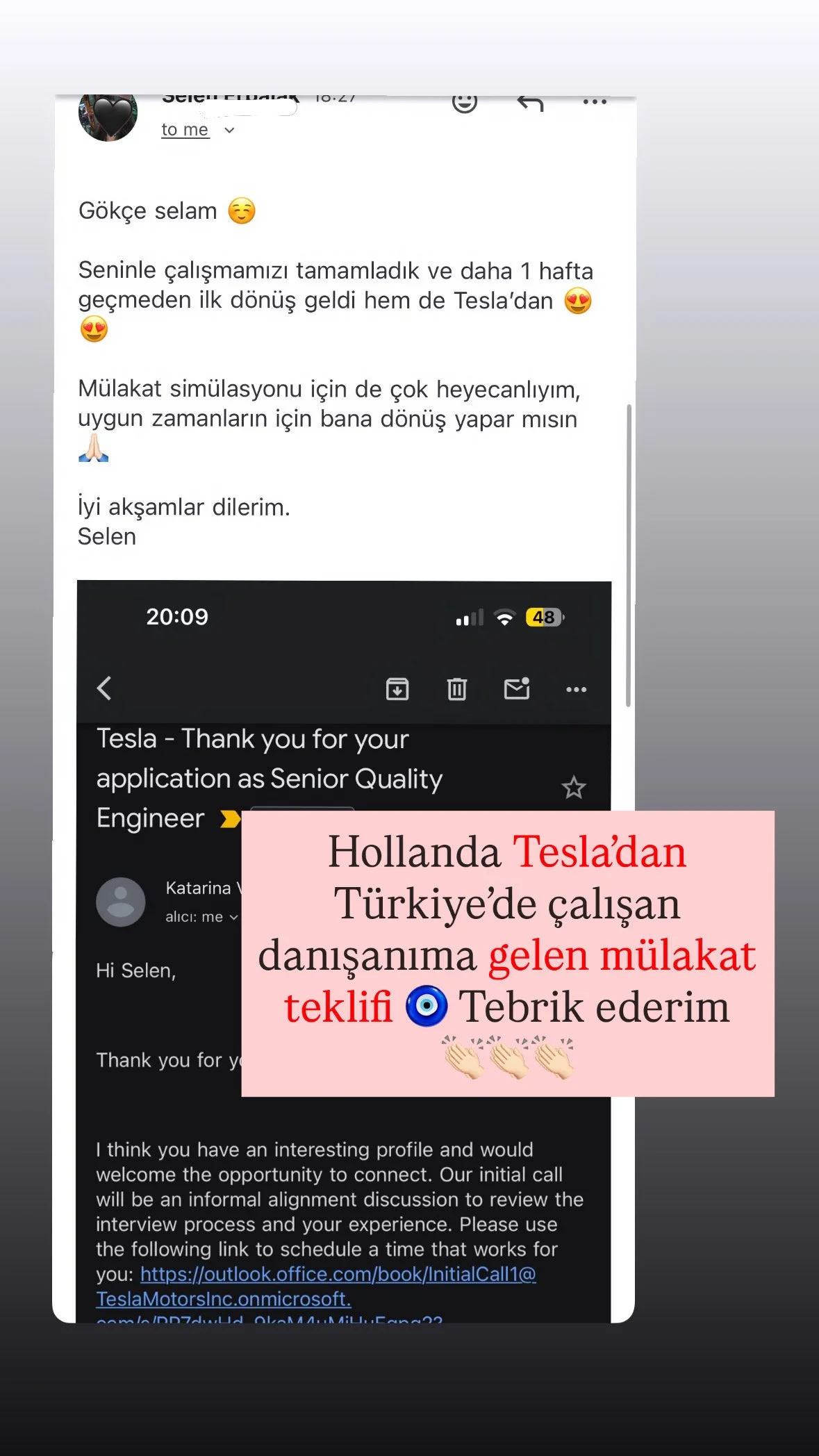 Hollanda'da Tesla'dan Türkiye'de çalışan danışmana gelen görüşme teklifi ve kutlama mesajı.